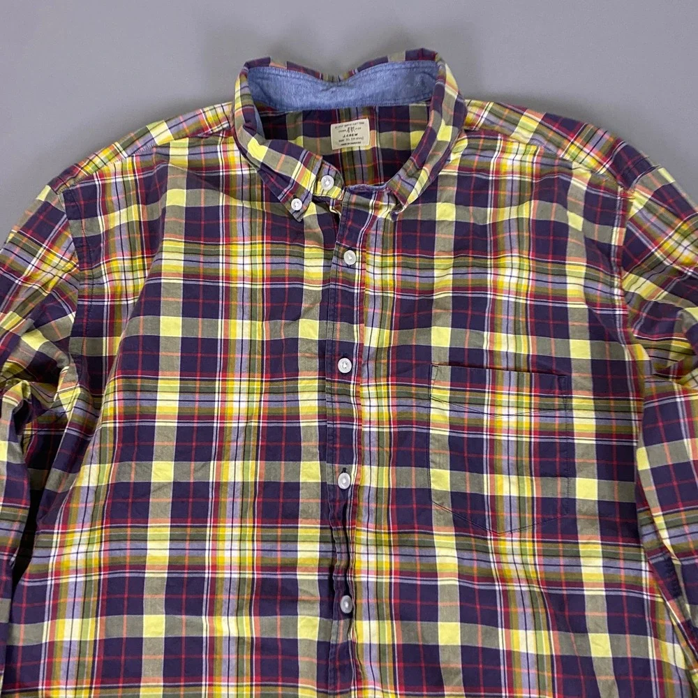 J.Crew 2 Ply‎ Button Down Shirt Men's Size XL Plaid Purple Yellow 100% Cotton